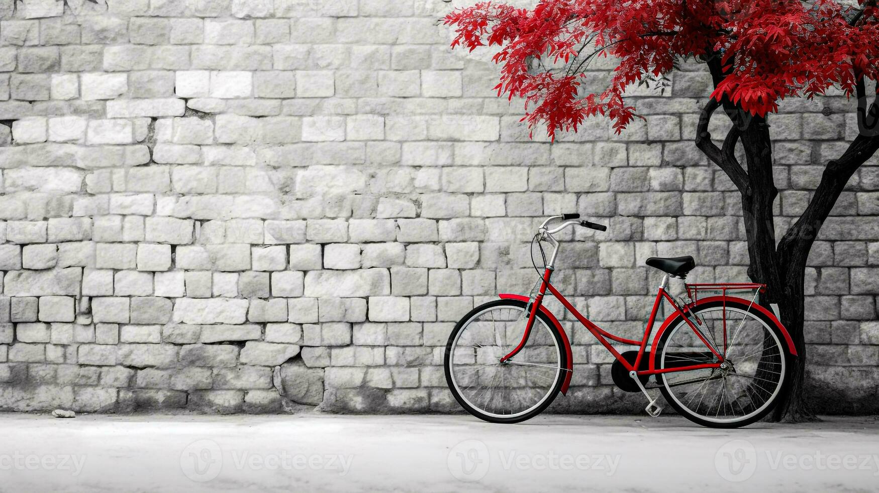 rood fiets Aan wit steen muur met rood blad boom achtergrond generatief ai foto