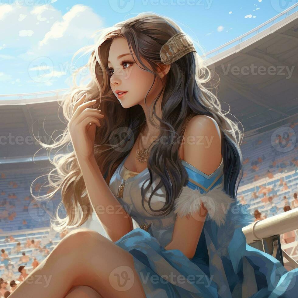 een tekenfilm anime meisje zit in een stadion aanraken haar haar- generatief ai foto