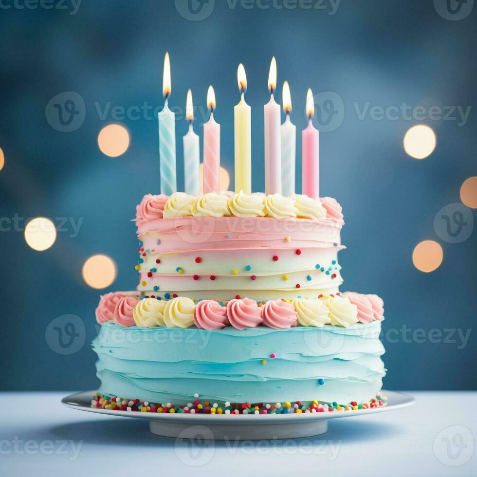 een schattig verjaardag taart met kleurrijk verbrand kaars generatief ai foto