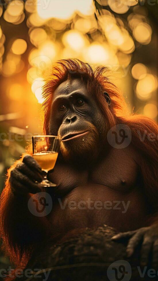 een orangoetan drinken iets in glas generatief ai foto