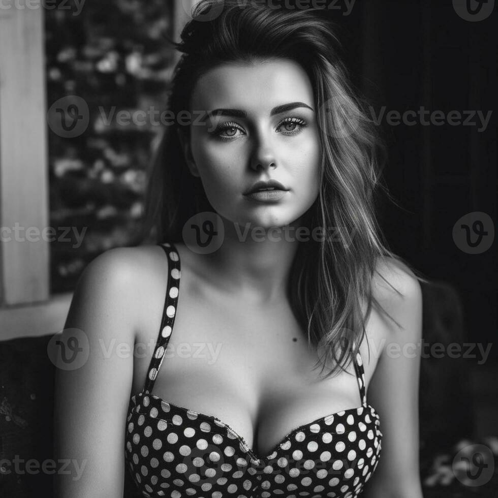 zwart en wit foto van een mooi jong vrouw vervelend polka punt bustier top generatief ai
