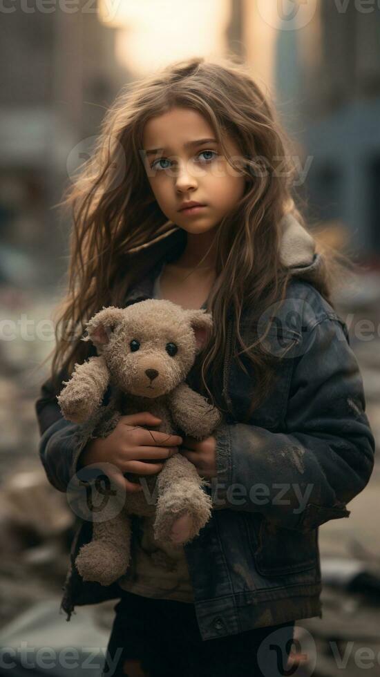 een schattig meisje vervelend stoffig doeken Holding teddy beer generatief ai foto