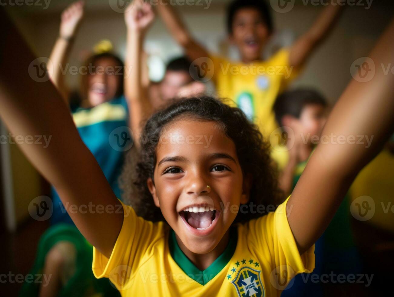 braziliaans kind viert zijn voetbal teams zege ai generatief foto