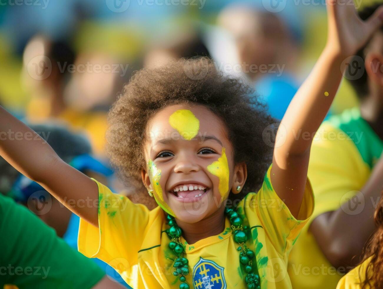 braziliaans kind viert zijn voetbal teams zege ai generatief foto