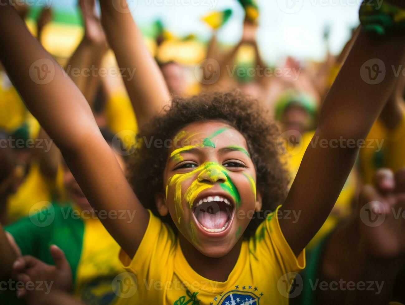 braziliaans kind viert zijn voetbal teams zege ai generatief foto