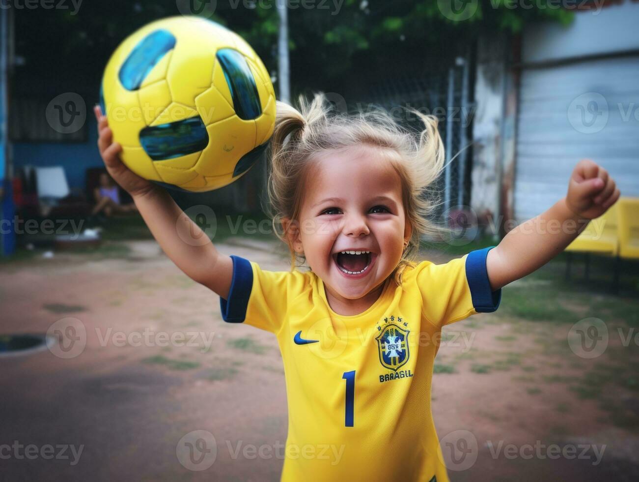 braziliaans kind viert zijn voetbal teams zege ai generatief foto