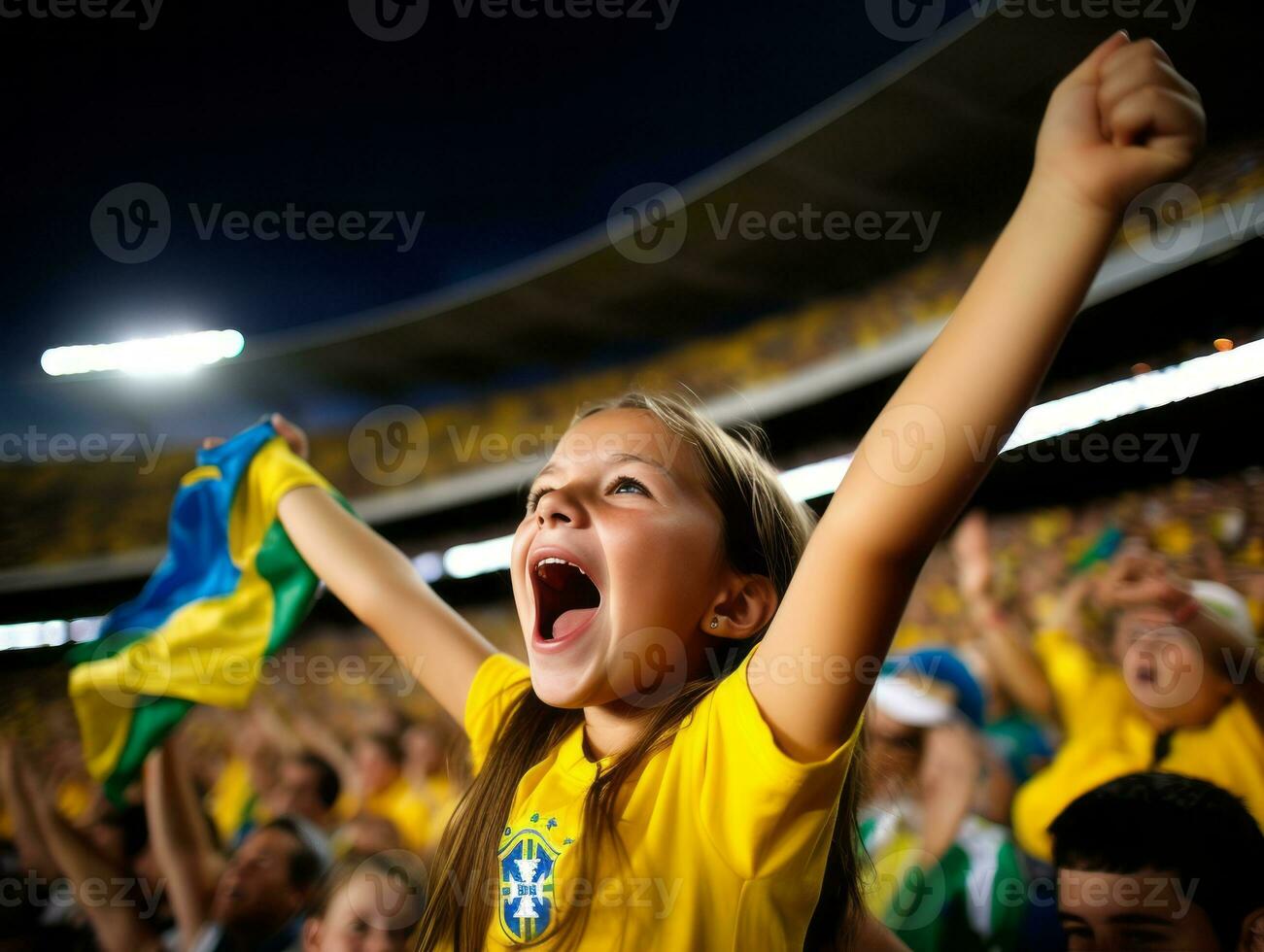 braziliaans kind viert zijn voetbal teams zege ai generatief foto