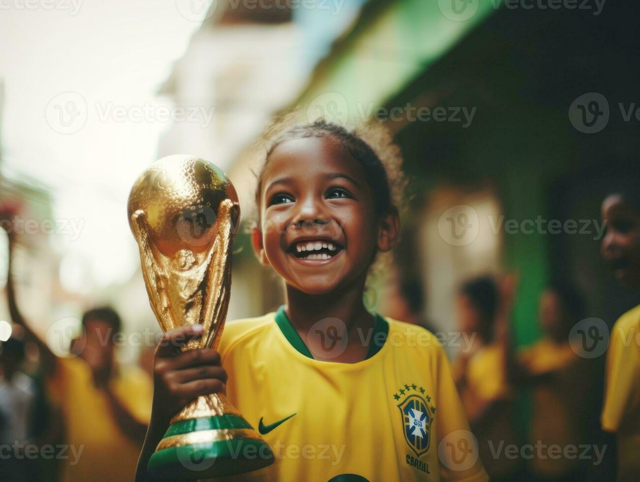 braziliaans kind viert zijn voetbal teams zege ai generatief foto