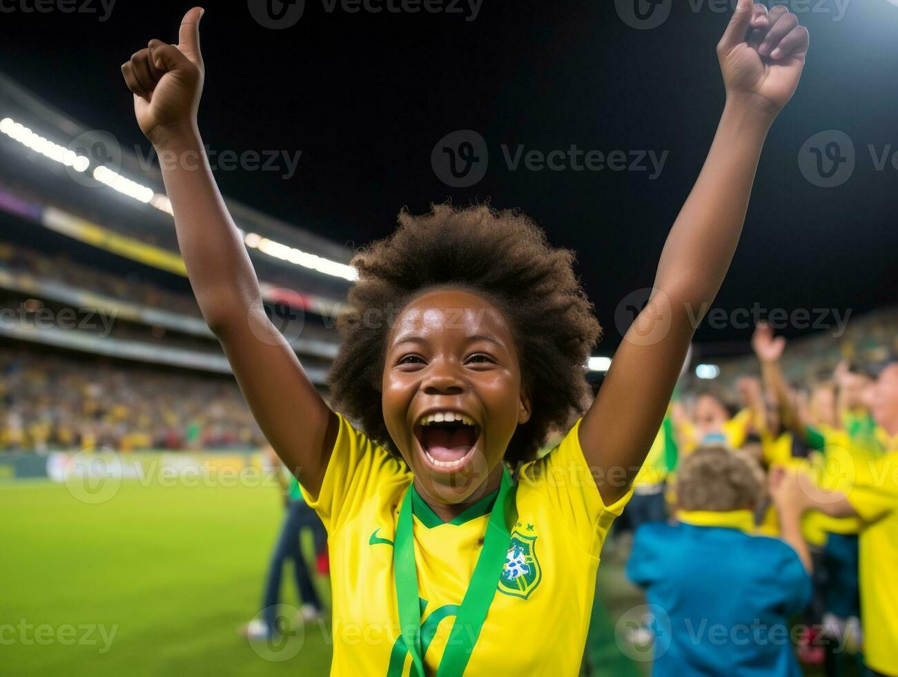 braziliaans kind viert zijn voetbal teams zege ai generatief foto