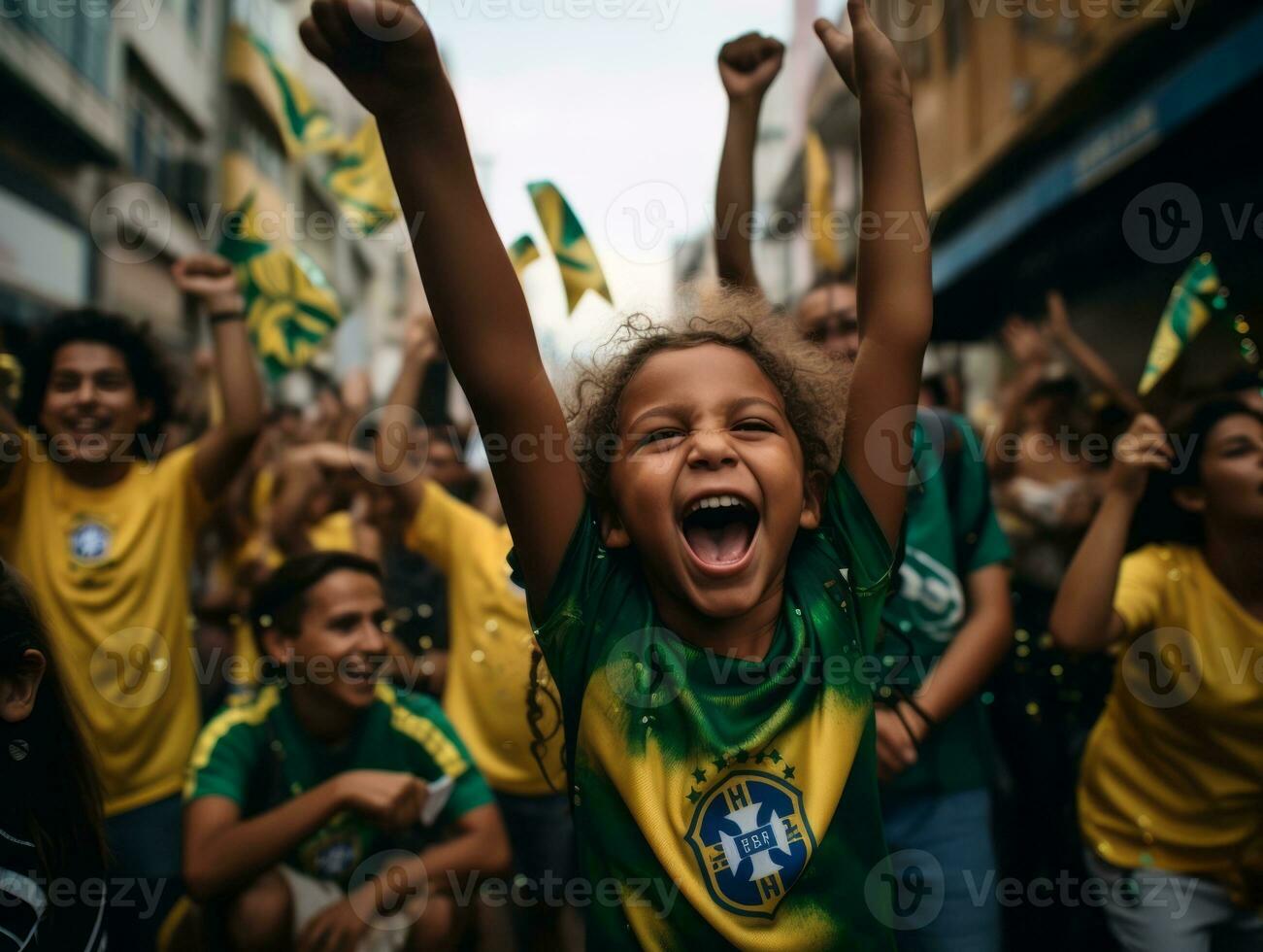 braziliaans kind viert zijn voetbal teams zege ai generatief foto