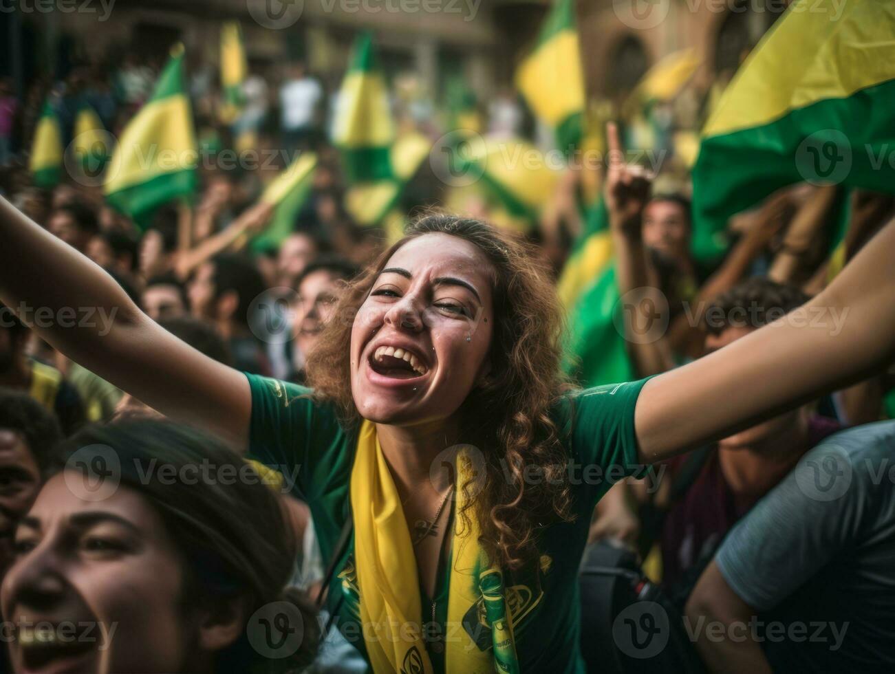 braziliaans vrouw viert haar voetbal teams zege ai generatief foto