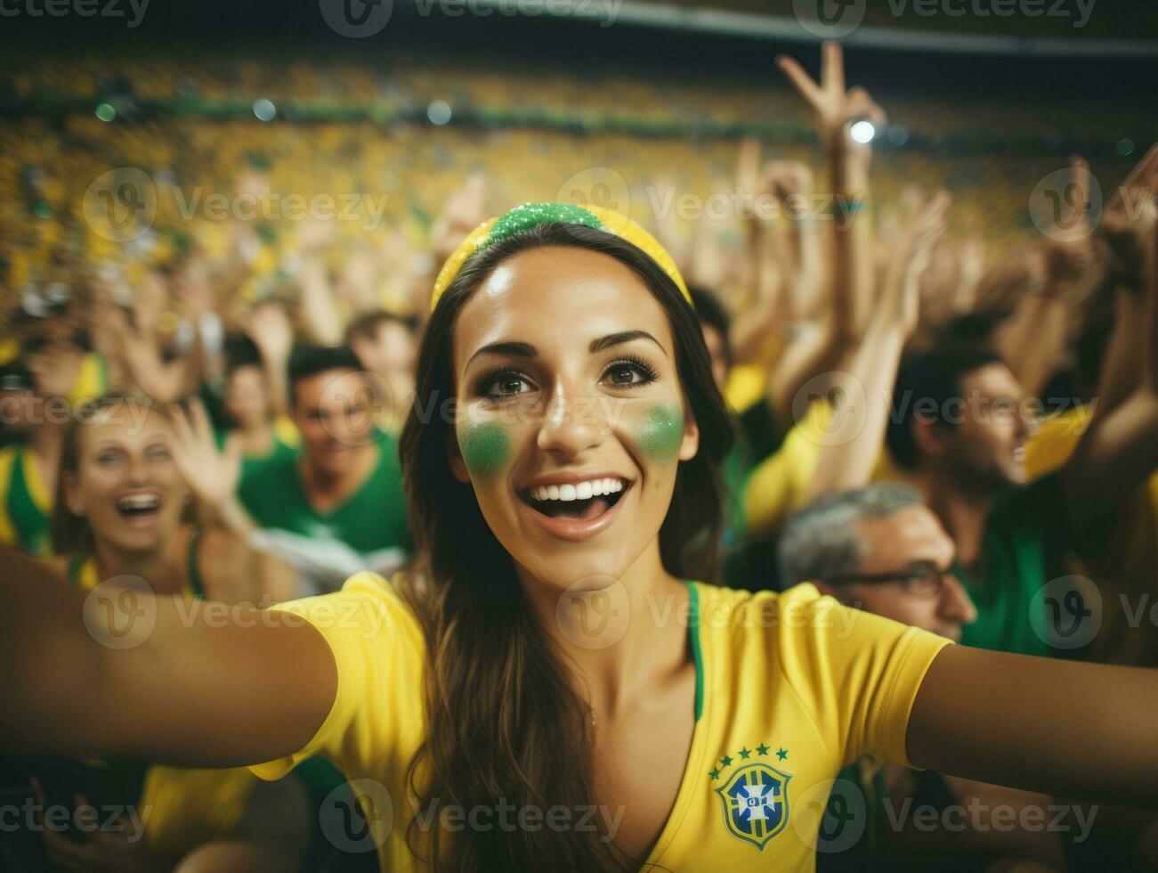 braziliaans vrouw viert haar voetbal teams zege ai generatief foto