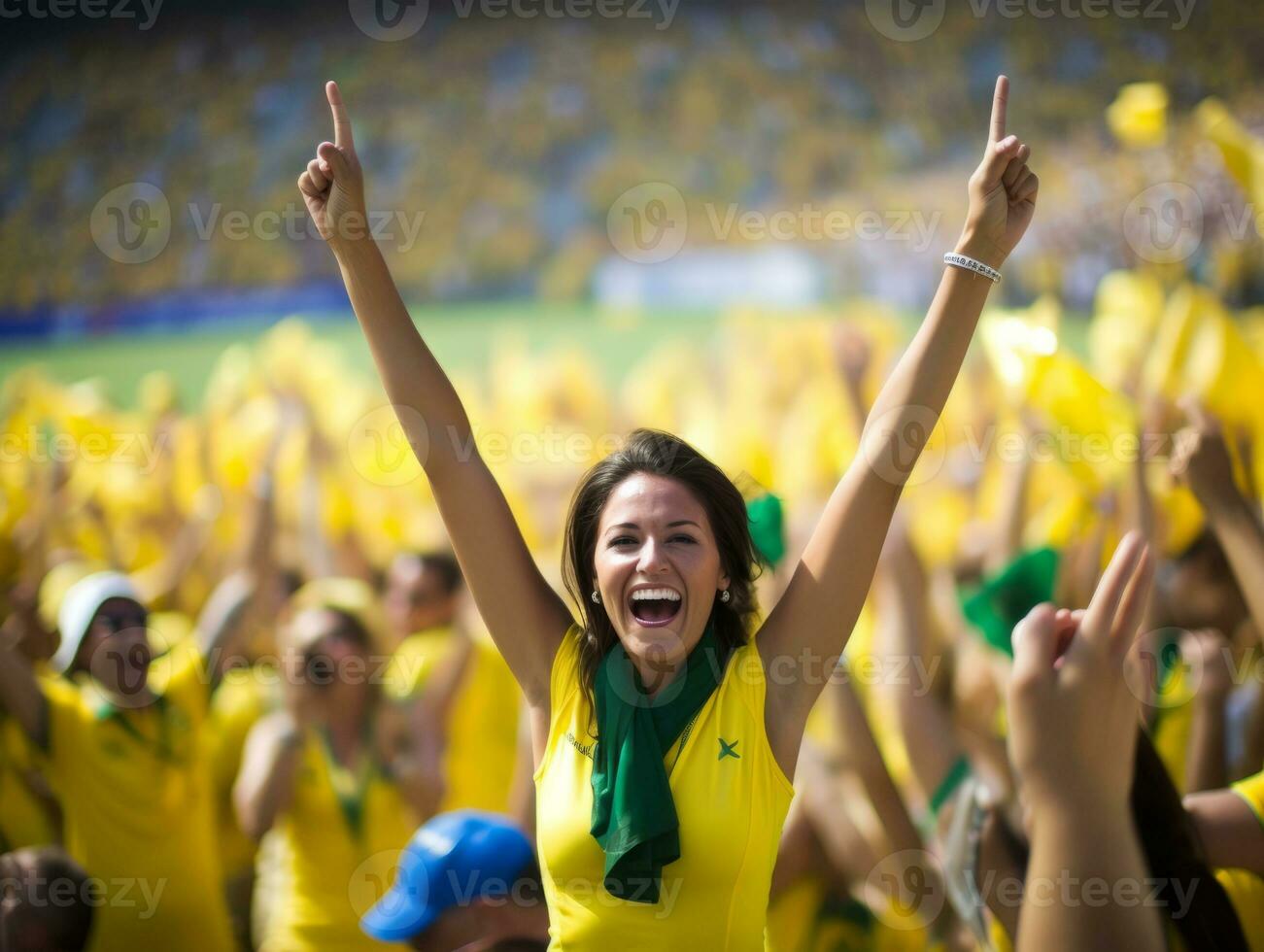 braziliaans vrouw viert haar voetbal teams zege ai generatief foto