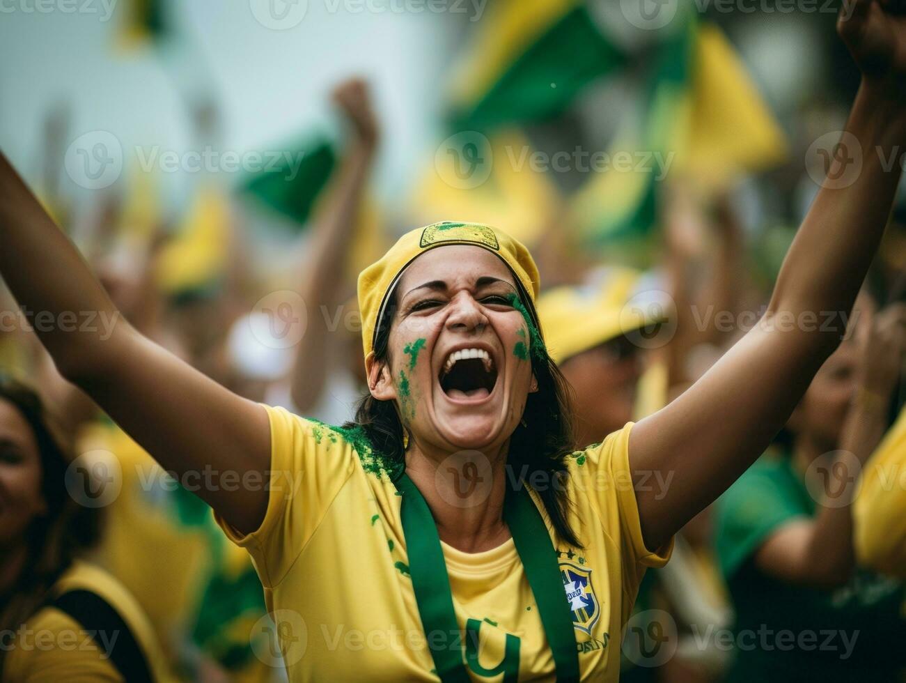 braziliaans vrouw viert haar voetbal teams zege ai generatief foto