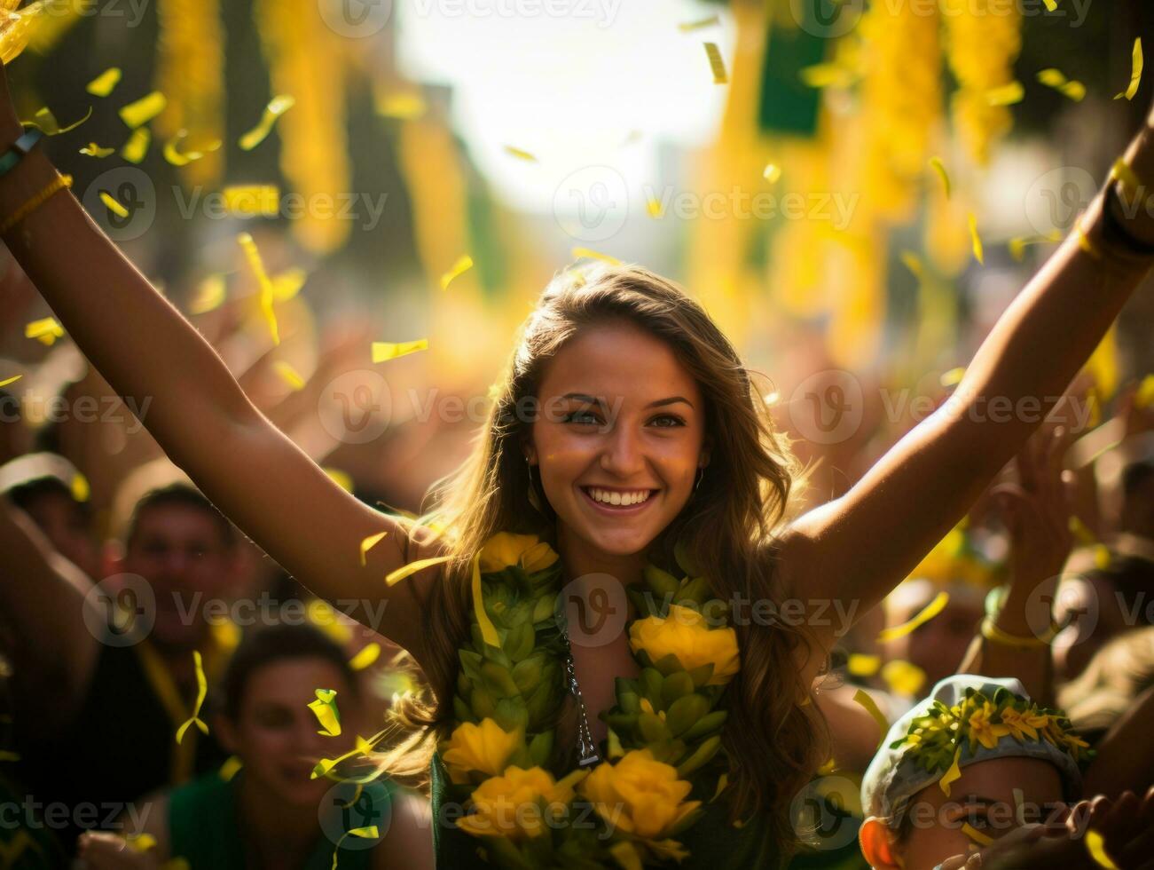 braziliaans vrouw viert haar voetbal teams zege ai generatief foto