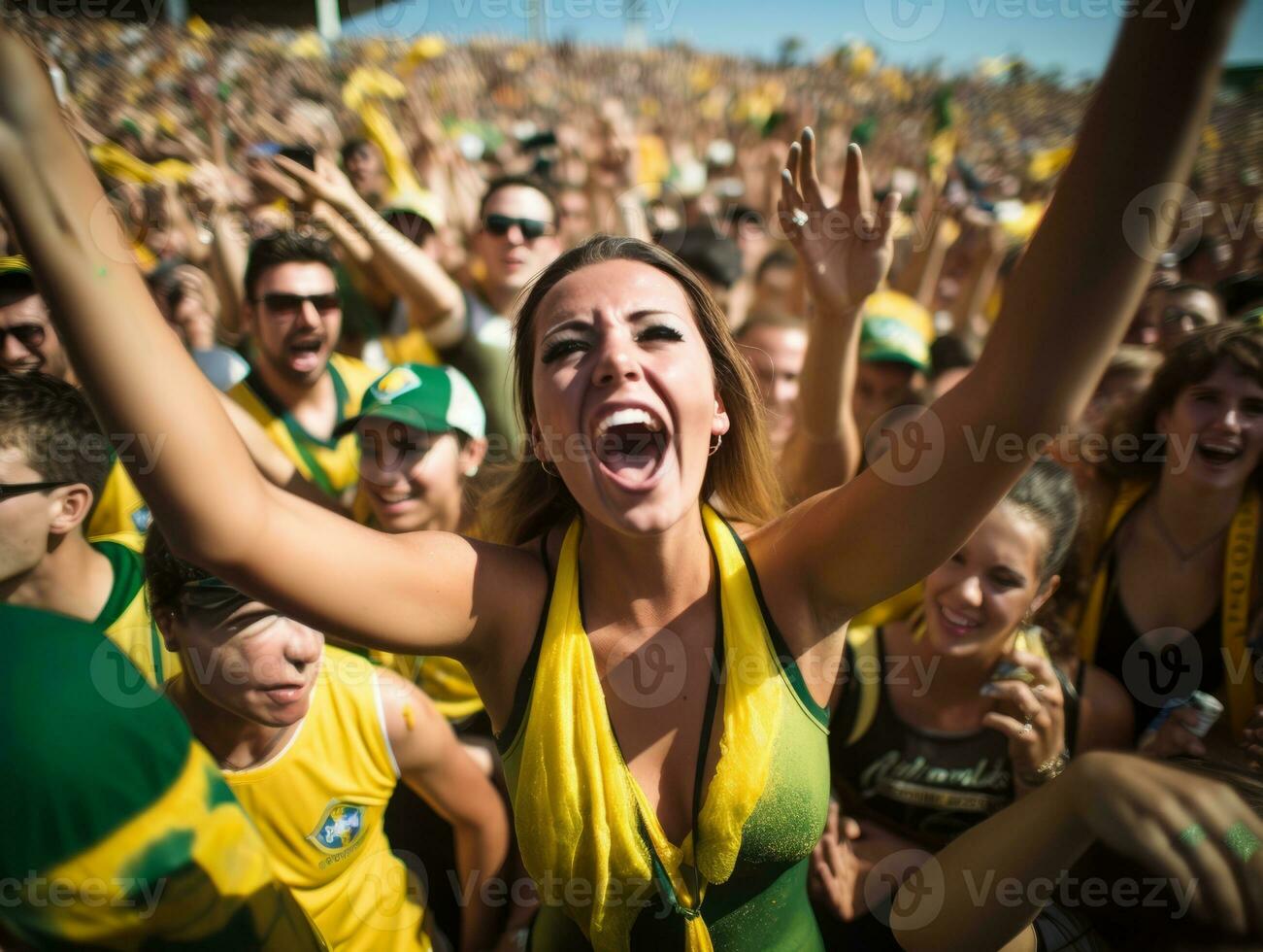 braziliaans vrouw viert haar voetbal teams zege ai generatief foto