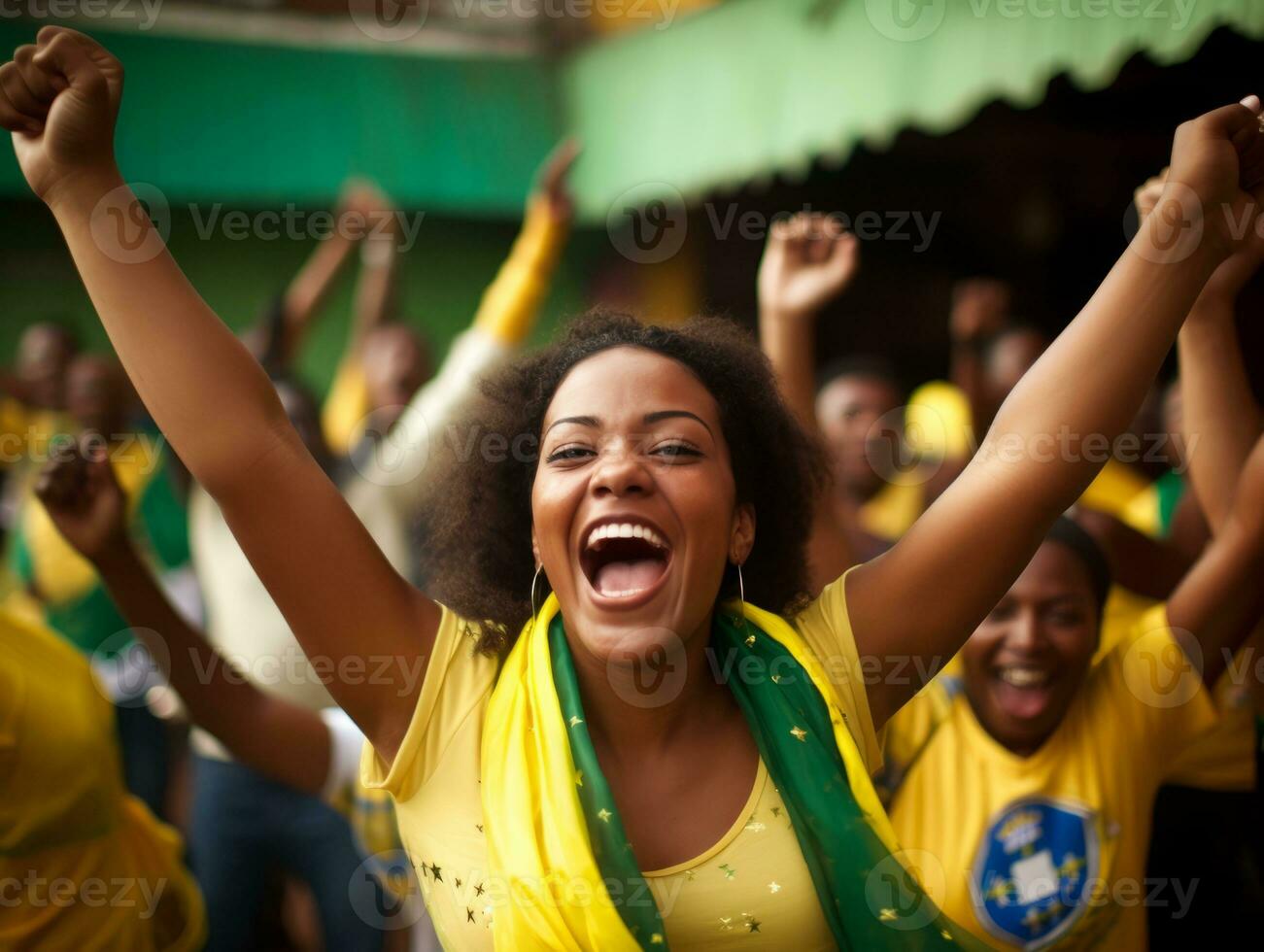 braziliaans vrouw viert haar voetbal teams zege ai generatief foto