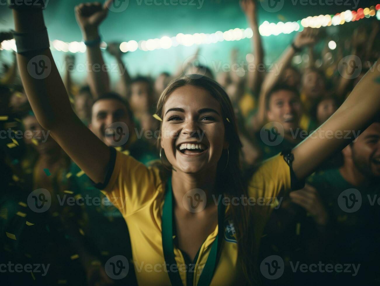 braziliaans vrouw viert haar voetbal teams zege ai generatief foto