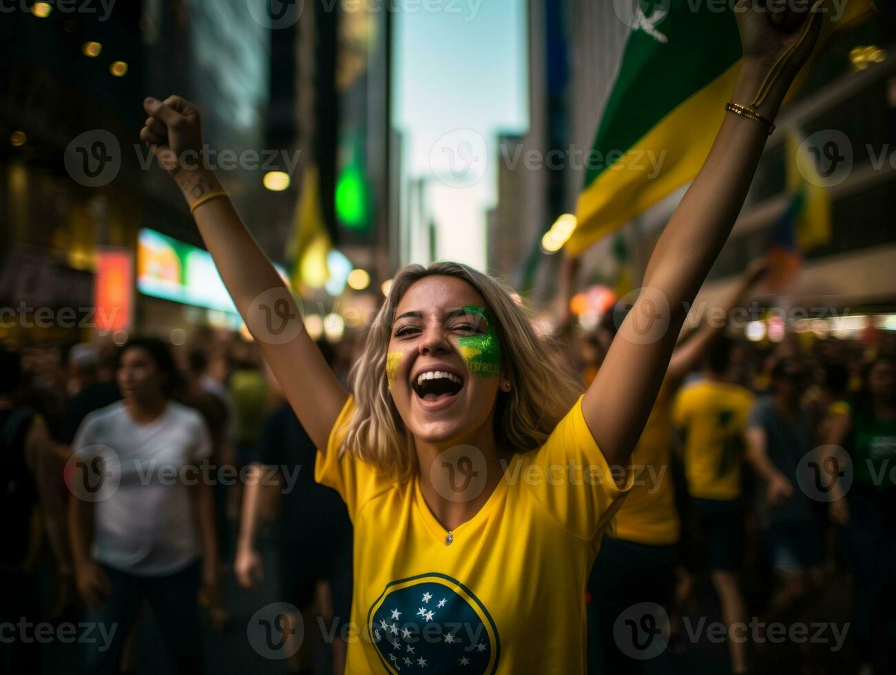 braziliaans vrouw viert haar voetbal teams zege ai generatief foto