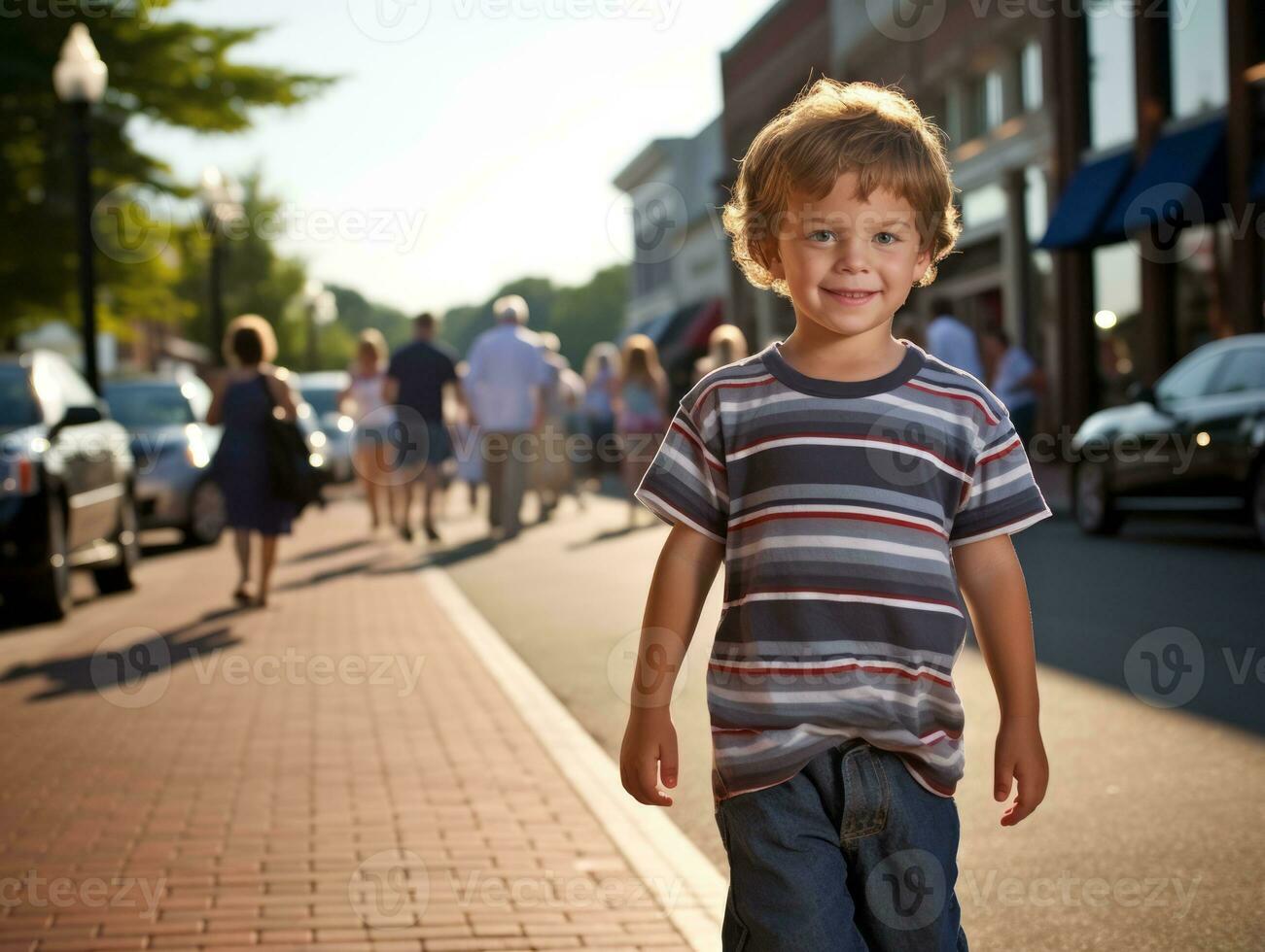 kind geniet een ontspannen wandeling door de levendig stad straten ai generatief foto