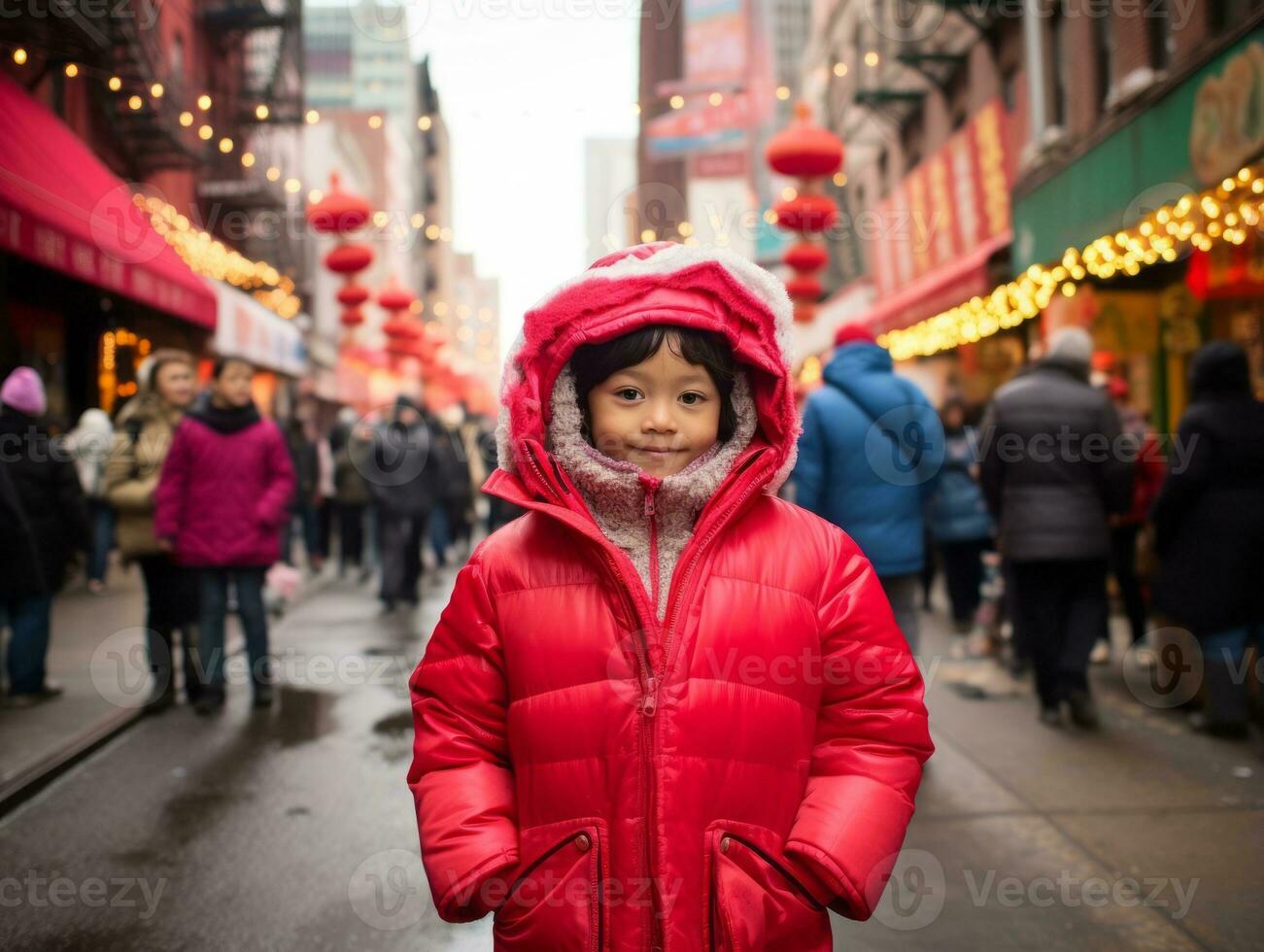 kind geniet een ontspannen wandeling door de levendig stad straten ai generatief foto