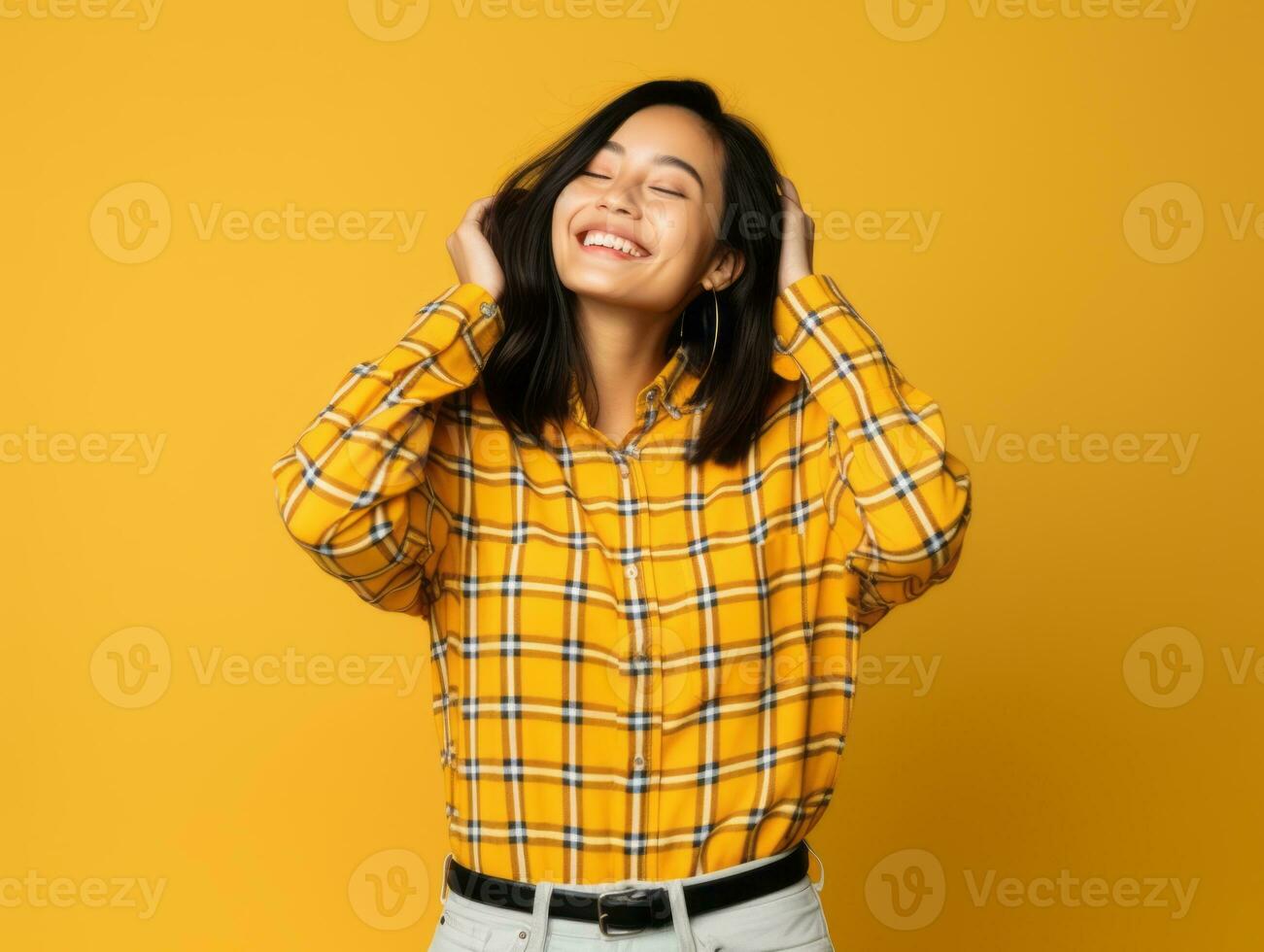 Aziatisch vrouw in speels houding Aan solide achtergrond ai generatief foto