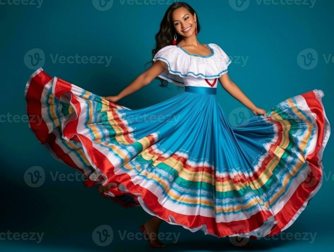 Mexicaans vrouw in speels houding Aan solide achtergrond ai generatief foto