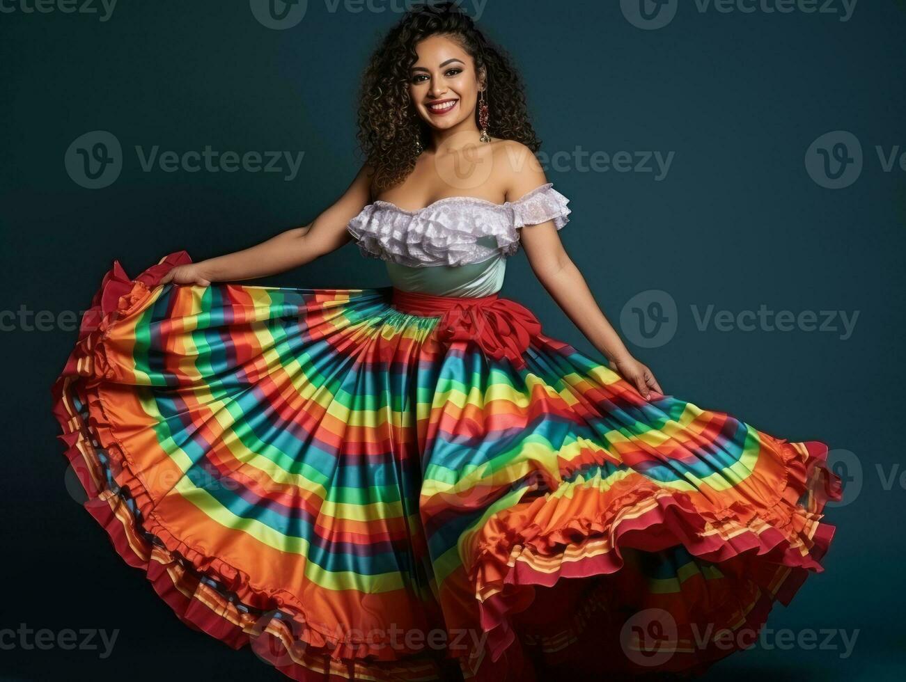 Mexicaans vrouw in speels houding Aan solide achtergrond ai generatief foto