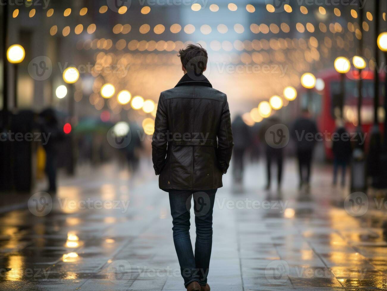 Mens geniet een ontspannen wandeling door de levendig stad straten ai generatief foto