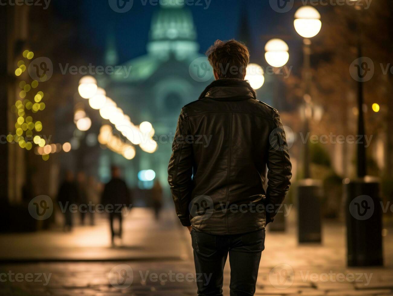 Mens geniet een ontspannen wandeling door de levendig stad straten ai generatief foto