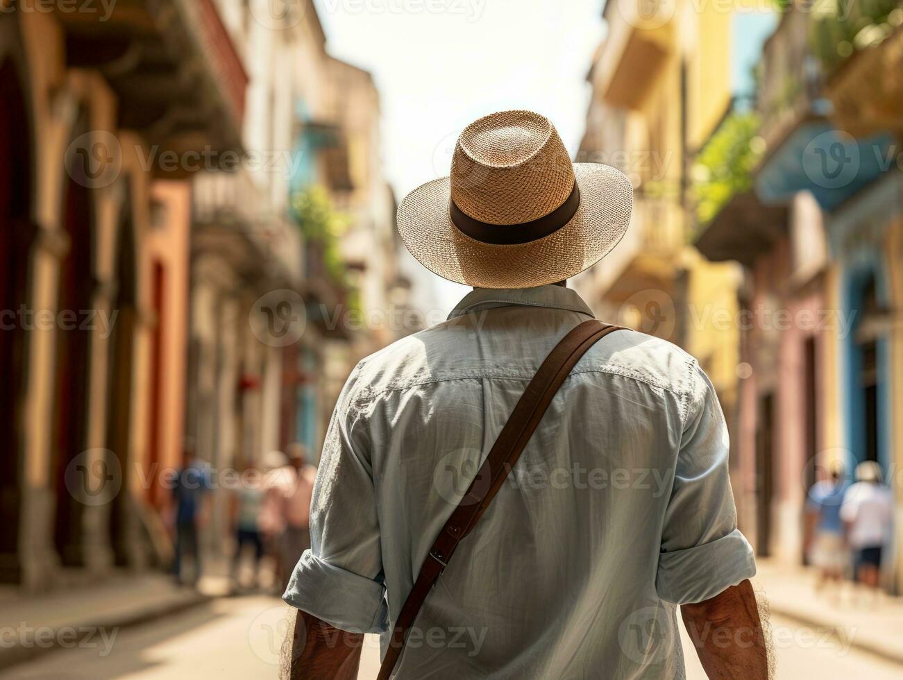 Mens geniet een ontspannen wandeling door de levendig stad straten ai generatief foto