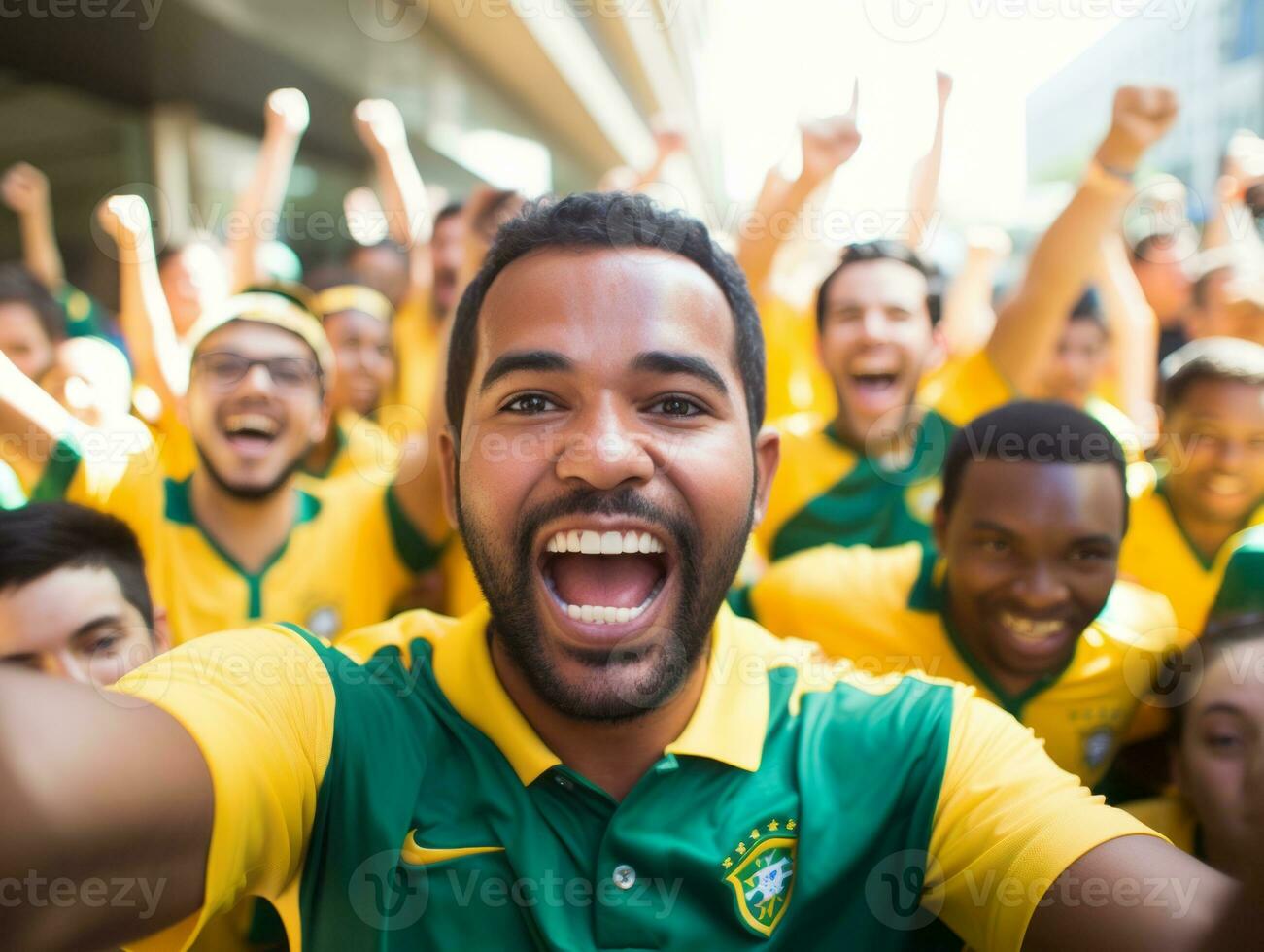 braziliaans Mens viert zijn voetbal teams zege ai generatief foto