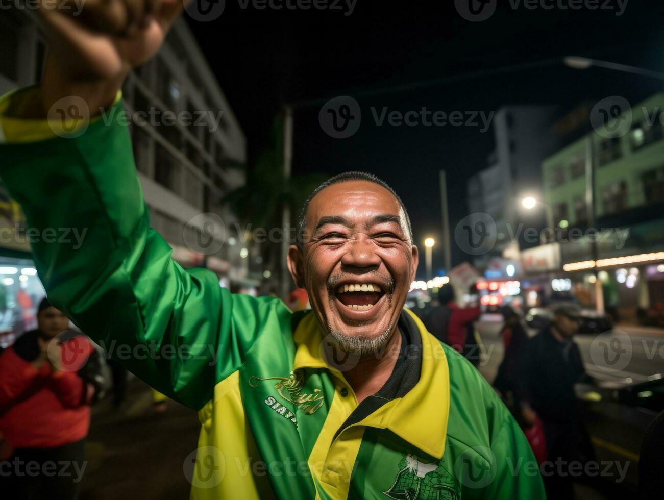 braziliaans Mens viert zijn voetbal teams zege ai generatief foto