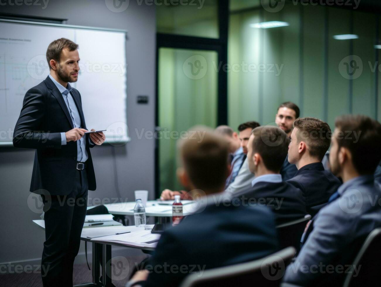 Mens in een bedrijf vergadering leidend met vertrouwen ai generatief foto