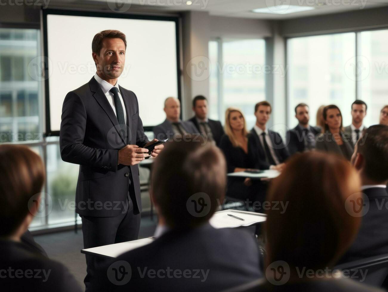 Mens in een bedrijf vergadering leidend met vertrouwen ai generatief foto