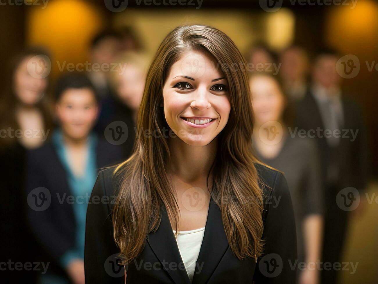 vrouw in een bedrijf vergadering leidend met vertrouwen ai generatief foto