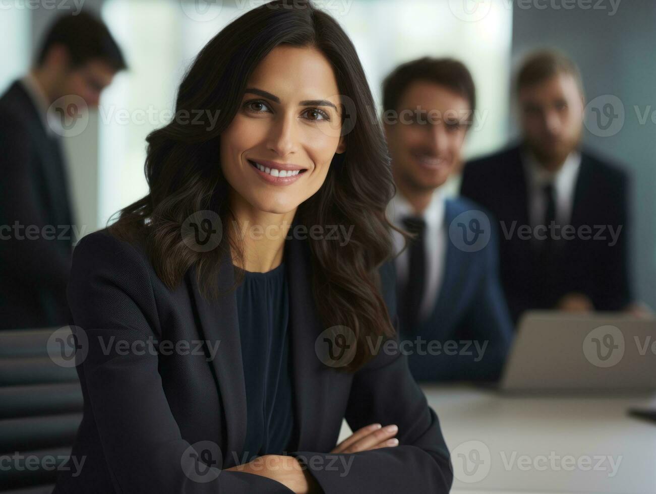 vrouw in een bedrijf vergadering leidend met vertrouwen ai generatief foto