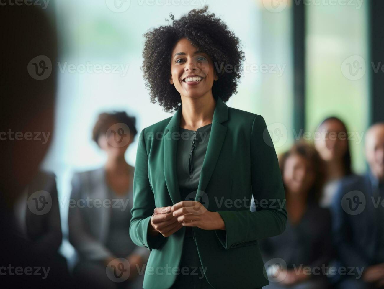 vrouw in een bedrijf vergadering leidend met vertrouwen ai generatief foto