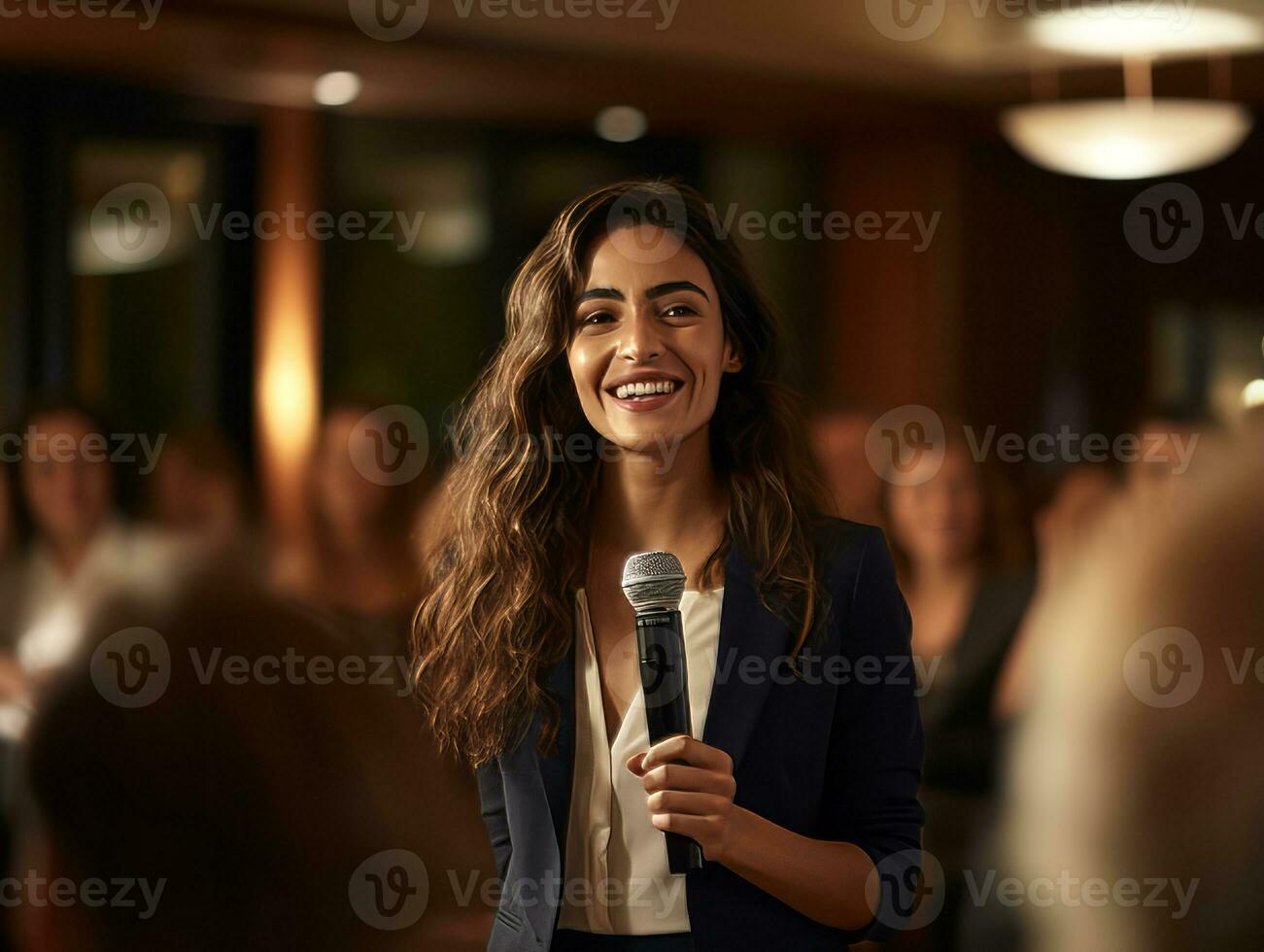 vrouw in een bedrijf vergadering leidend met vertrouwen ai generatief foto