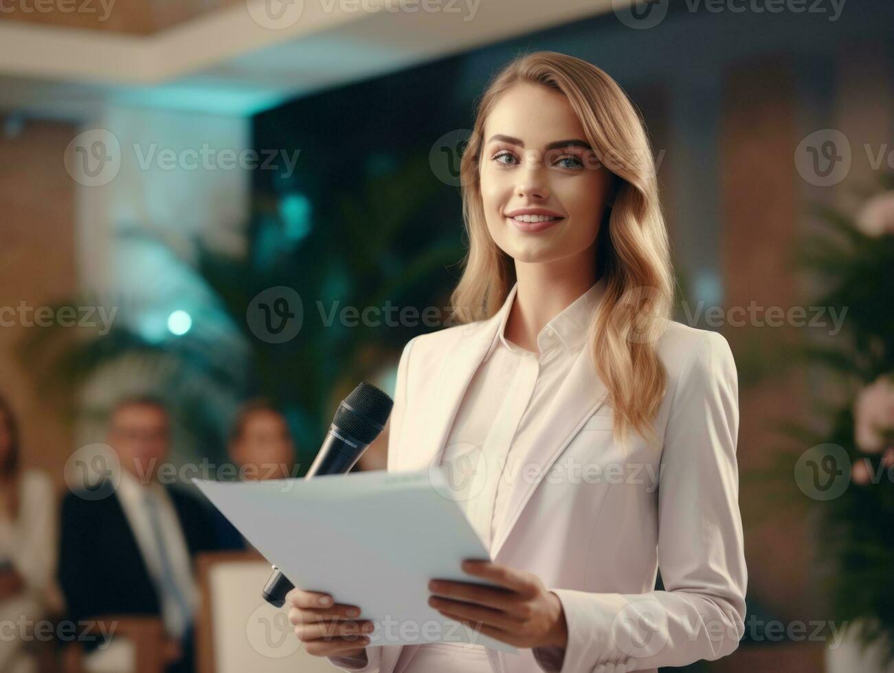 vrouw in een bedrijf vergadering leidend met vertrouwen ai generatief foto