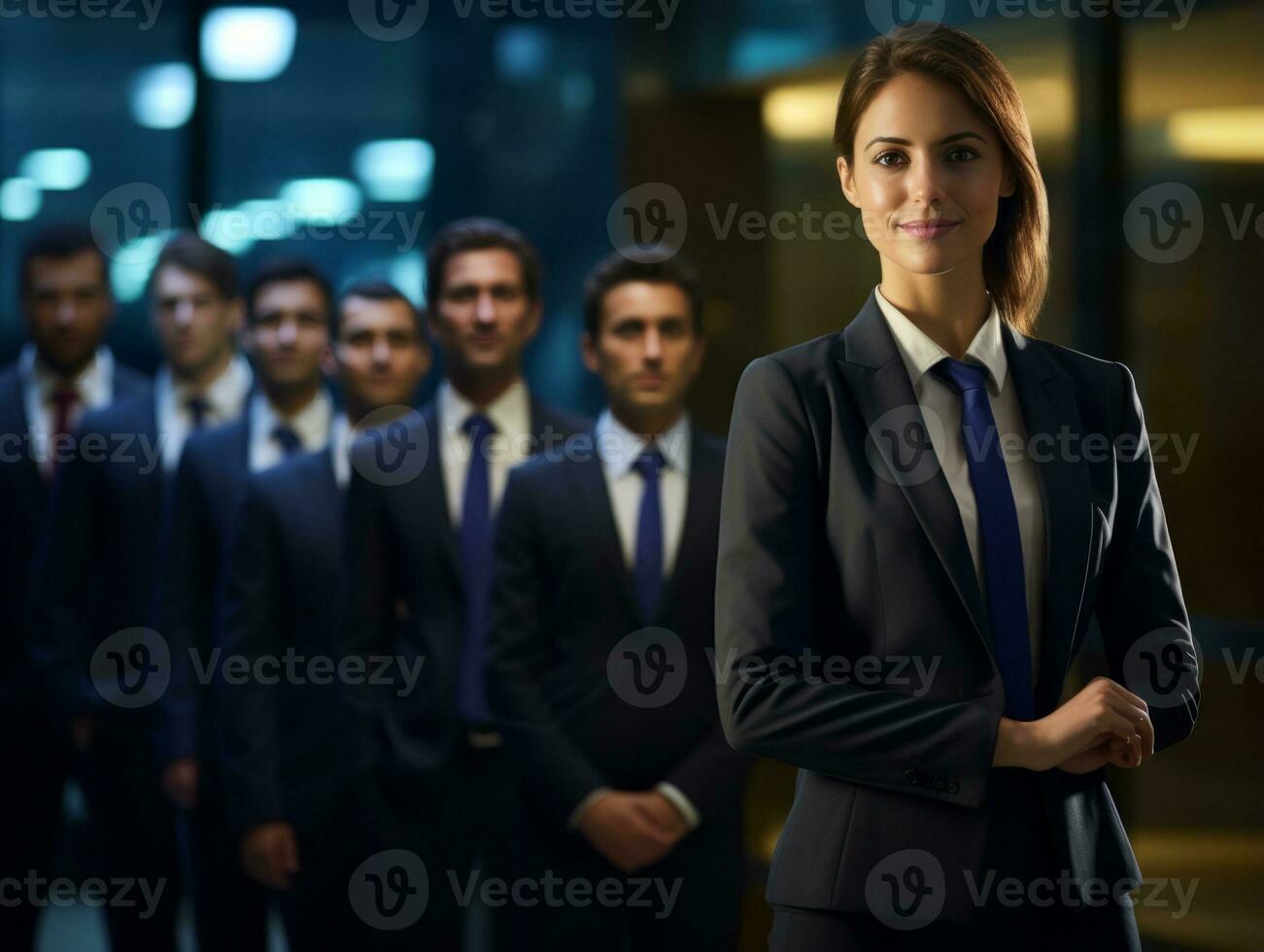 vrouw in een bedrijf vergadering leidend met vertrouwen ai generatief foto