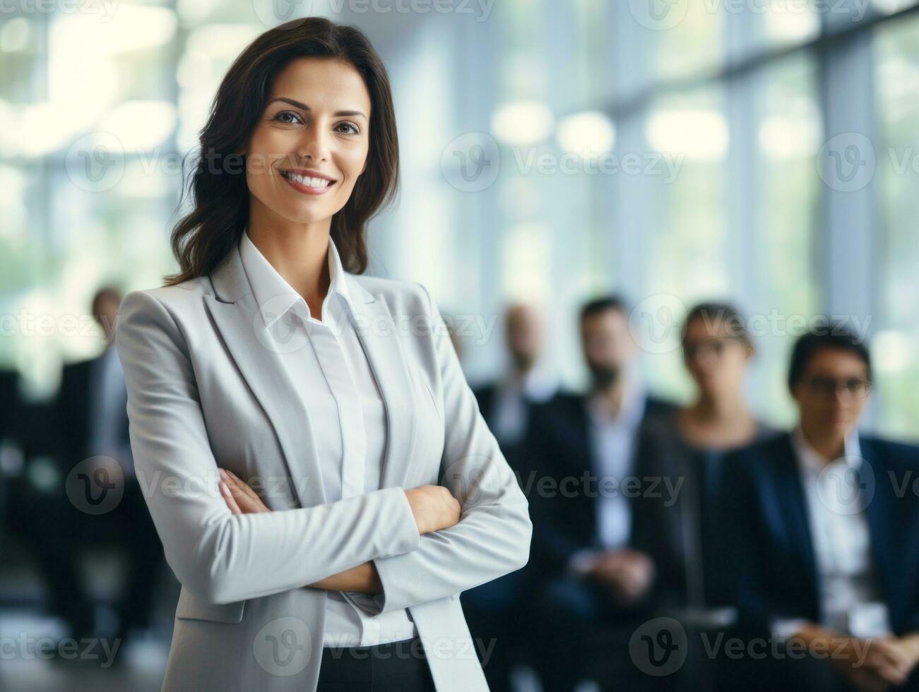 vrouw in een bedrijf vergadering leidend met vertrouwen ai generatief foto