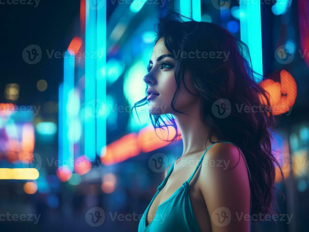 vrouw in futuristische kleren geniet ontspannen wandeling door neon stad straten ai generatief foto