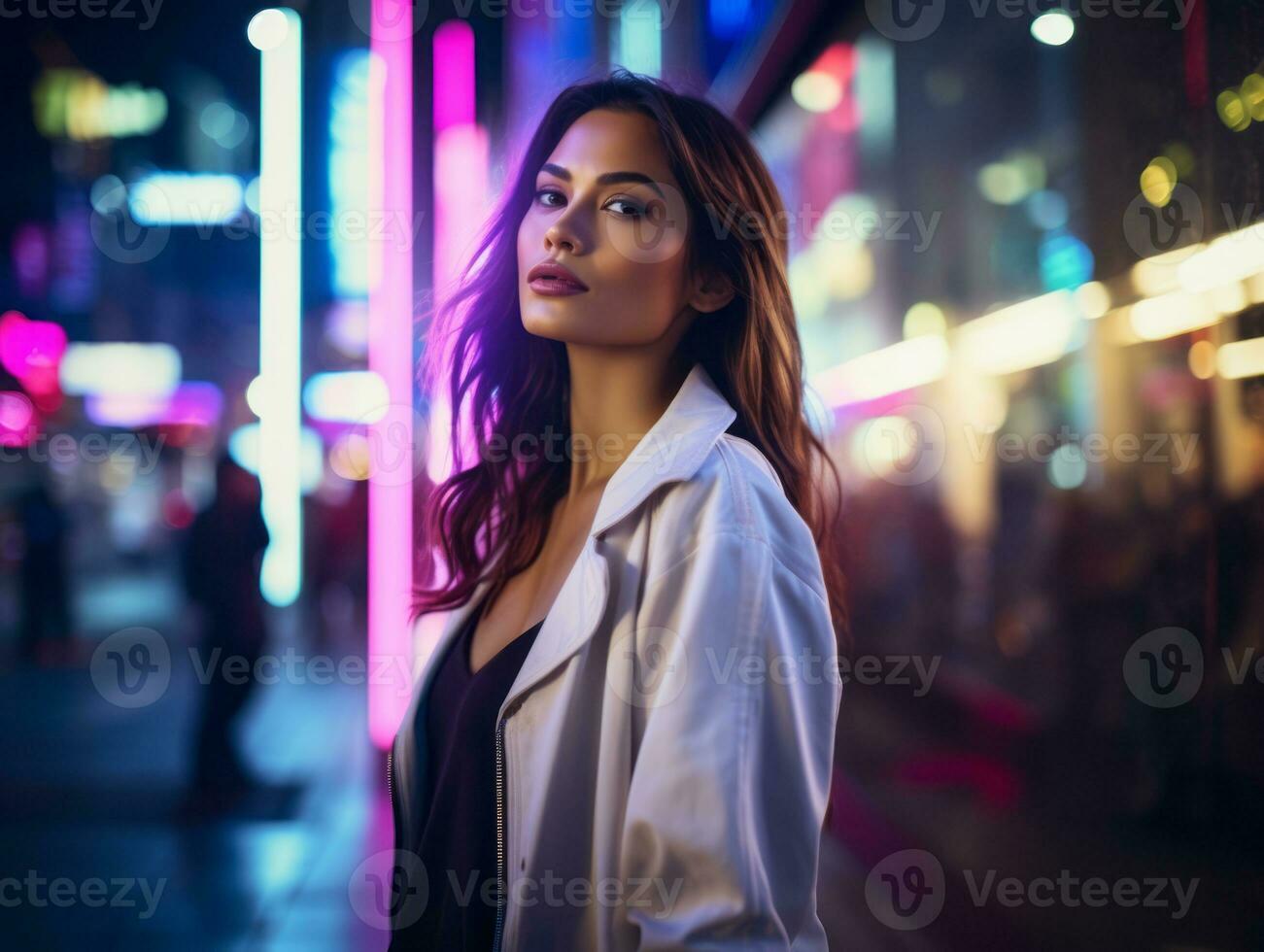 vrouw in futuristische kleren geniet ontspannen wandeling door neon stad straten ai generatief foto