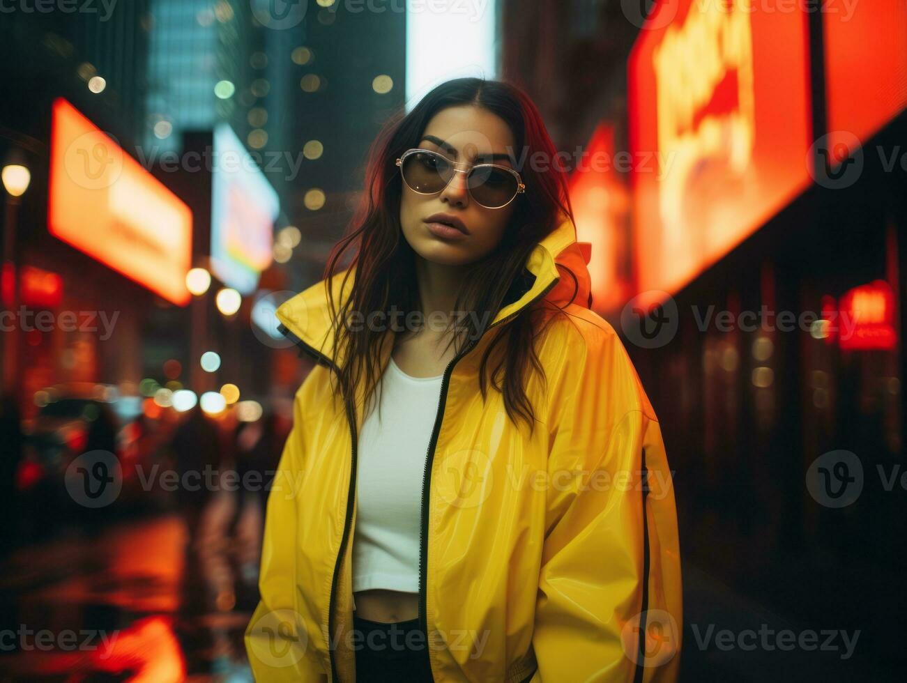 vrouw in futuristische kleren geniet ontspannen wandeling door neon stad straten ai generatief foto