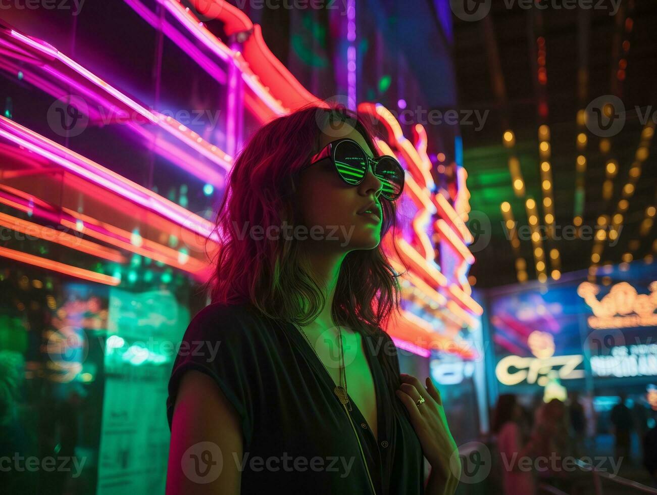 vrouw in futuristische kleren geniet ontspannen wandeling door neon stad straten ai generatief foto