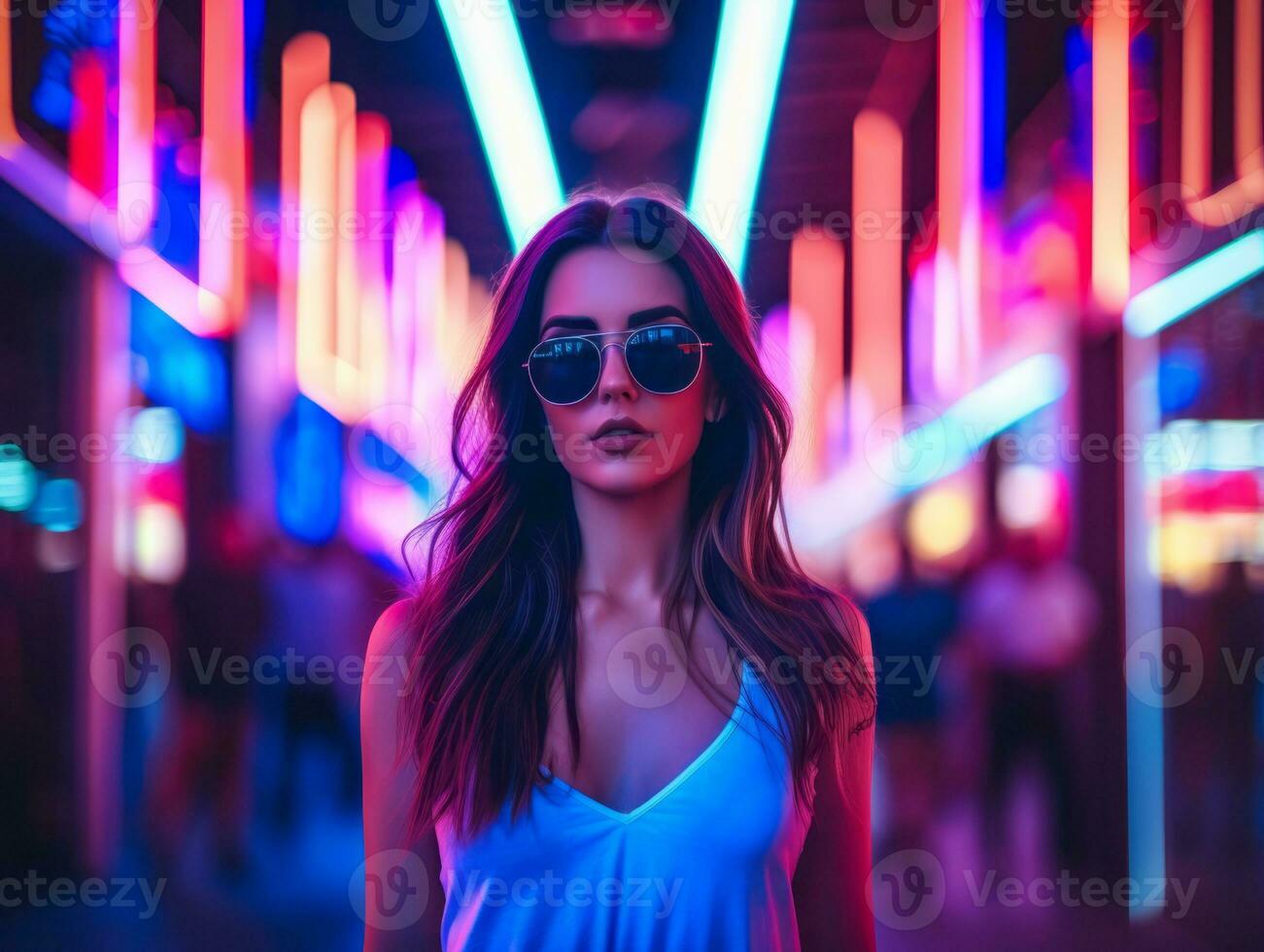 vrouw in futuristische kleren geniet ontspannen wandeling door neon stad straten ai generatief foto