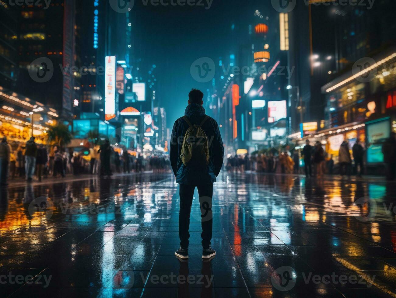 Mens in toekomst bewijs kleren geniet een ontspannen wandeling door een neon lit stad straten ai generatief foto