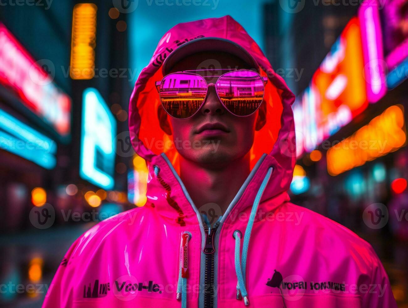 Mens in toekomst bewijs kleren geniet een ontspannen wandeling door een neon lit stad straten ai generatief foto