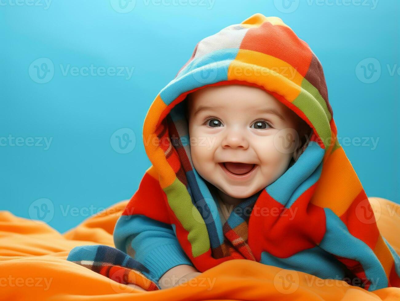 aanbiddelijk baby met levendig kleding in een speels houding ai generatief foto